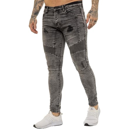 Enzo | Heren Skinny Stretch Biker Denim Jeans - Black Acid