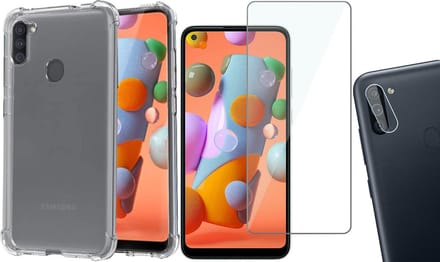 Hoesje geschikt voor Samsung Galaxy M11 - Screenprotector Glas & Camera Screen Protector - Transparant Shock Case