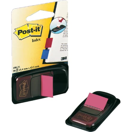 Post-it Index standaard, ft 25,4 x 43,2 mm, roze, houder met 50 tabs