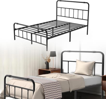 Metalen Bedframe - Bed met hoofdeinde - Moderne slaapkamer - Robuuste lattenbodem - 140 x 200 cm - Zwart
