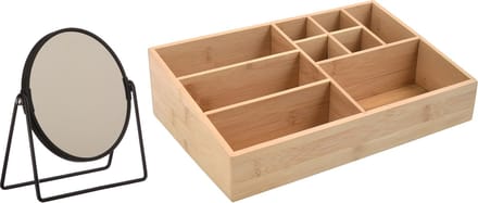MSV Make-up organizer 9 vaks en luxe spiegel set - 33 x 21 cm - bamboe/metaal - bruin/zwart