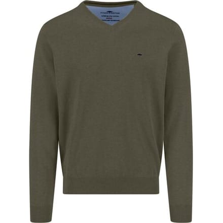 Fynch-Hatton Trui Solid Color Superfine 3-Ply Cotton V-Neck Donker Khaki / male