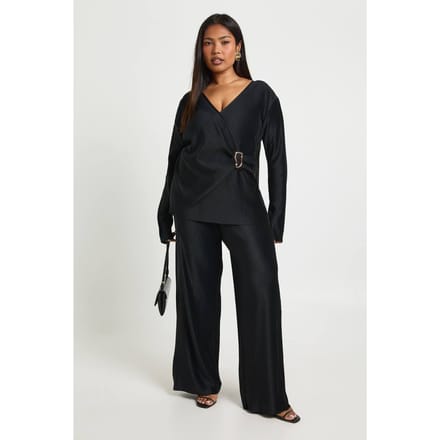 boohoo Dames Plus Plisse Wijde Pijpen Broek | Black | Maat: 16