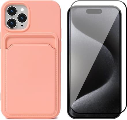 Hoesje Pasjeshouder geschikt voor iPhone 15 Pro - Screenprotector FullGuard - Siliconen Case Back Cover Roze & Screen Protector