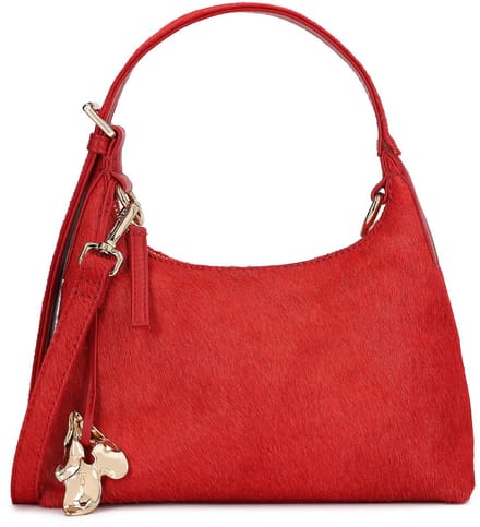 Red bag made of leather with a natural hair finish