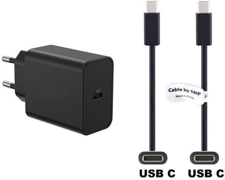 OneOne 45W super snellader en screenprotector van glas voor iPhone 16 Plus. Oplader met sterke 0,5m USB C naar C kabel. Krachtige zwarte PD PPS lader adapter. Screenprotector past op Apple iPhone 16 Plus