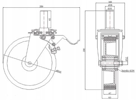 Zwenkbaar wiel met pen en rem, Ø 200mm, 200kg