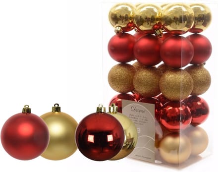Decoris Kerstballen - 42x stuks - rood-goud - 6 en 8 cm - kunststof