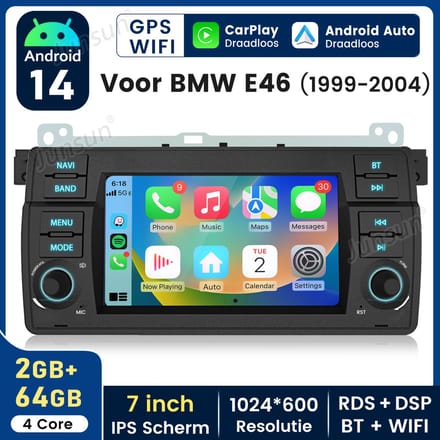 HEXINEX Aautoradio Geschikt voor BMW E46 - Draadloos CarPlay, Android Auto, multimediaspeler, 2GB+64GB