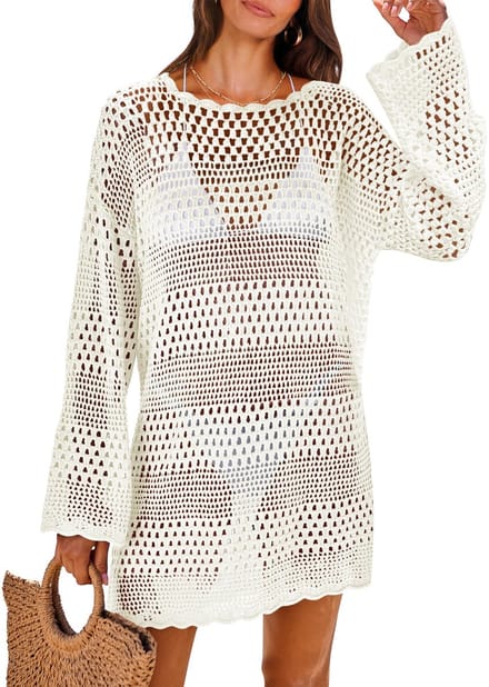 Geweo Strandjurkje - bikini cover up - Gehaakte Mesh Look - Ideaal voor de Beachclub - Wit -Size M