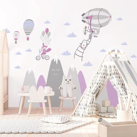 Kinderstickers met Scandinavische bergen en grappige dieren, 100 x 150 cm