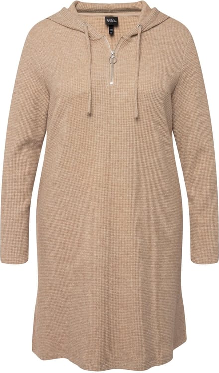 Ulla Popken - Dames - Midi-sweatjurk wafelstructuur glitter capuchon - Cement - Maat 50+
