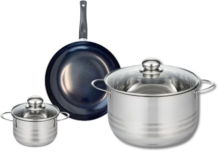 Set van 1 Koekenpan 20 cm en 2 kookpotten 12 en 24 cm Elo Prima Glanzend