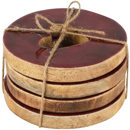 Dekoratief | Set 4 coasters hart, bordeaux/naturel, hout/email, 10x10x1cm | A258009