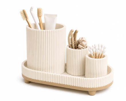 Badkamer Organizer Set – Tandenborstelhouder, Wattenstaafhouder & Opbergbakje