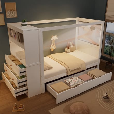 REDOM Bedframe 90x200 cm van hout/MDF – Met hemelstang, opbergkast met 5 lades en bureauruimte – Wit