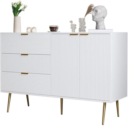Dressoir - 120x38x80,5 cm - Met 3 Lades En 2 Deuren - Gouden Grepen En Poten - MDF - Wit