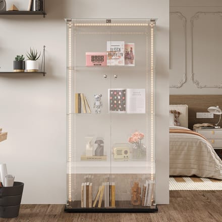 Glazen Vitrinekast 2 Deuren – 4 Planken – LED Strip – Afsluitbaar – Zwart