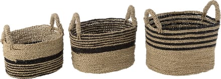 J-Line mand Laura Raffia - jute - zwart/naturel - 3 stuks