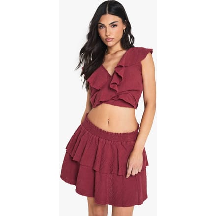 boohoo Dames Kaasdoek Crop Top met Ruffles Wrap-ontwerp | Red | Maat: 14