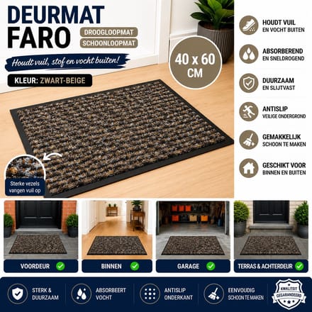 Wicotex - Deurmat - Schoonloopmat Faro - Afmeting 40x60cm - Kleur Zwart - Beige