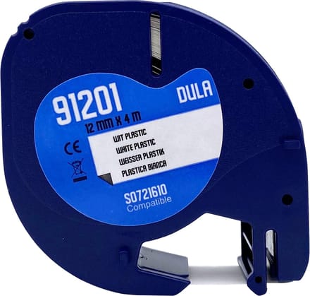 DULA - Dymo LetraTag 91201 - S0721610 - Label Tape - Zwart op Wit plastic - 12mm x 4m - 1 Stuk
