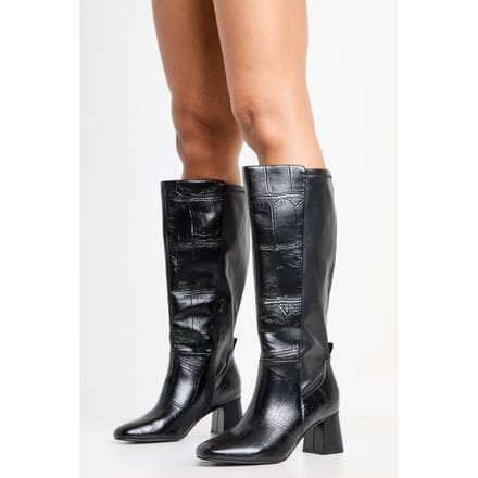 boohoo Dames Brede pasvorm stretch kniehoge flared boots met blokhakken | Black Croc | Maat: 3