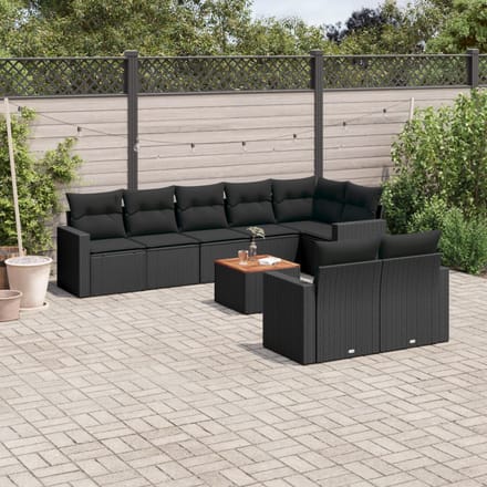 vidaXL - 9-delige - Loungeset - met - kussens - poly - rattan - zwart