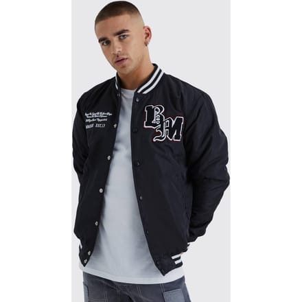 Nylon Varsity Jacket With Badges | Black | Size Medium