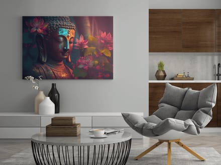 Canvas Schilderij - Boeddha met Bloemen - 150x100x2 cm