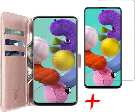 Hoesje geschikt voor Samsung Galaxy A51 - Screen Protector GlassGuard - Book Case Kunstleer Pasjeshouder Rosegoud & Screenprotector