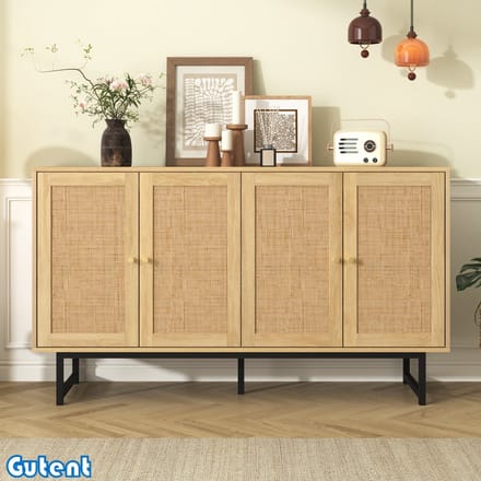 Gutent Dressoir-140x39,5x80 cm-Rattan Geweven-4 Deuren -Hout