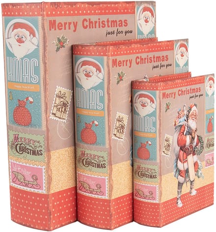 Clayre & Eef Opbergdoos Set van 3 Boeken 27 /22 /17 cm Rood Hout Kerstman