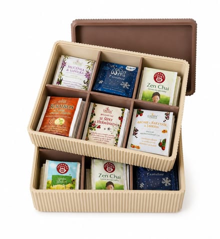 Tea Collection – Theedoos met Vakjes – Theezakjes Organizer – Geribbeld Design – Inclusief Deksel en 2 lagen