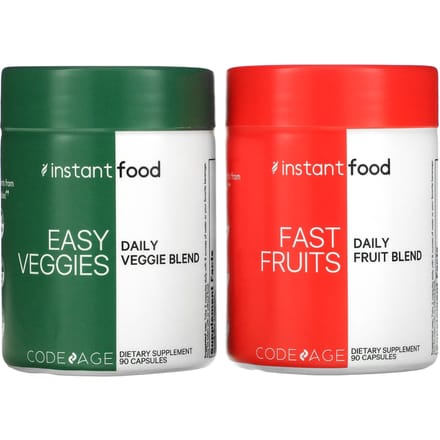 Codeage, Mélange de légumes quotidiens Easy Veggies / Mélange de fruits quotidiens Fast Fruit, 2 flacons, 90 capsules chacun