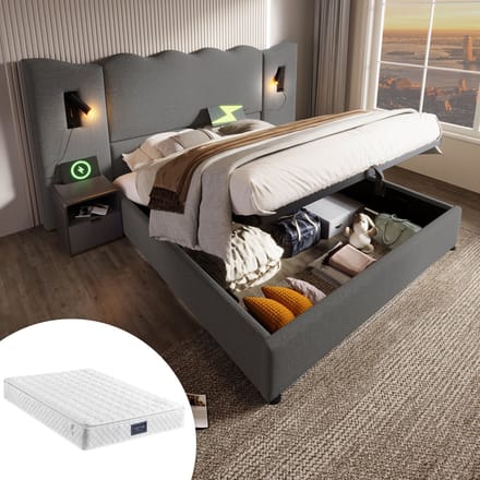 SINGULARITY-Gestoffeerd tweepersoonsbed 160x200 met leeslamp en USB Type-C- opbergbed- grijs- linnen met matras