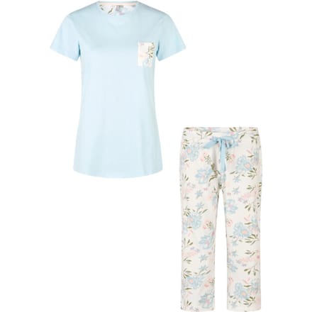 By Louise Dames Capri Pyjama Set Driekwart Blauw/Wit Gebloemd - Maat S