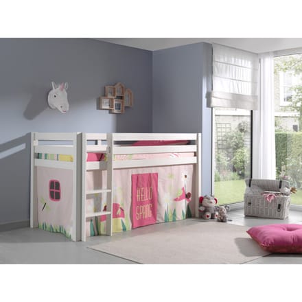 LUCEVI - Pino Halfhoogslaper + Ladder + Spring Gordijntjes - Wit - 90x200 cm