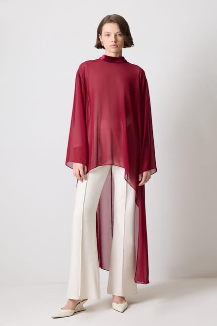 Touché Privé - Chiffon tuniek met fluwelen details - Bordeaux - Dames