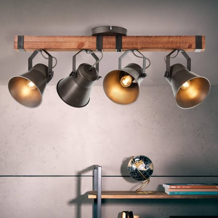 Brilliant Plafondspot Decca, lengte 78 cm, zwart/hout, 4-lamps.