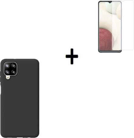 Samsung Galaxy A12 Hoesje - Siliconen - Samsung A12 Screenprotector - Hoesje Zwart Case + Screenprotector P