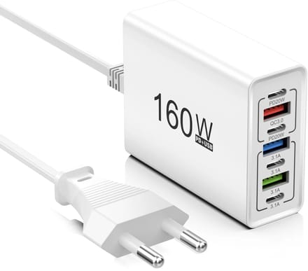 160W USB Snellader met Meerdere Poorten - 7-Poorts USB-A & Type-C Muuradapter - EU-Stekker - Wit