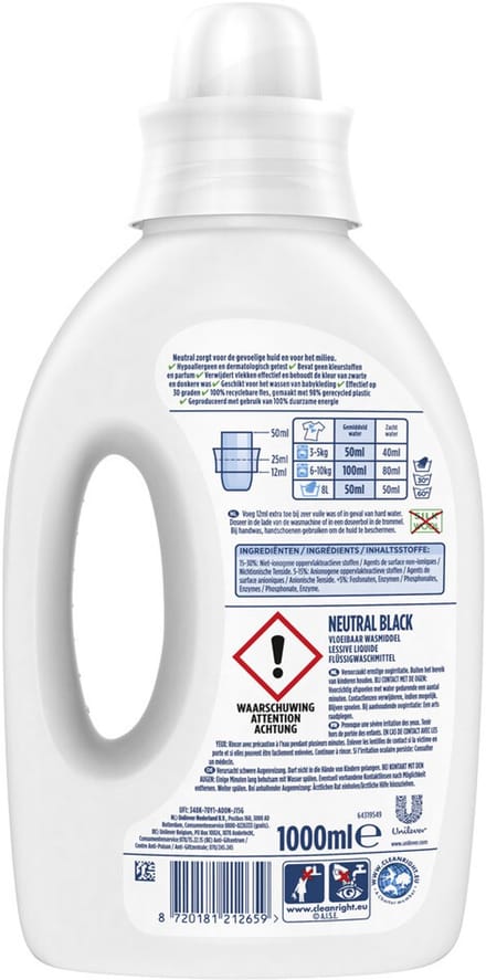 Neutral - Vloeibaar Wasmiddel Zwart - 1 liter - 20 wasbeurten