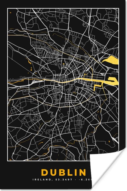 Poster Dublin - Goud - Plattegrond - Stadskaart - Kaart - 20x30 cm