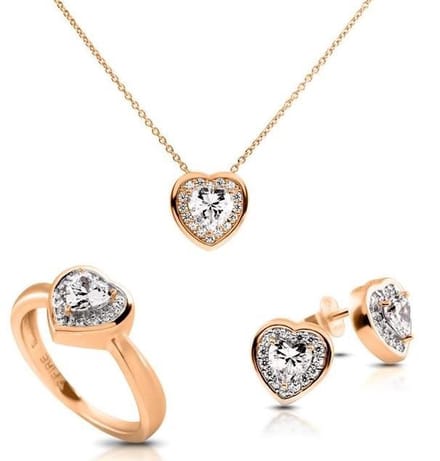 Diamonfire - Zilveren set Maat 17.5 - Ring, Collier, Oorbellen - Hart - Rose