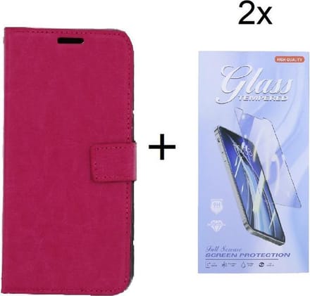 Bookcase Geschikt voor: Oppo A15 - Roze - portemonnee hoesje met 2 stuks Glas Screen protector