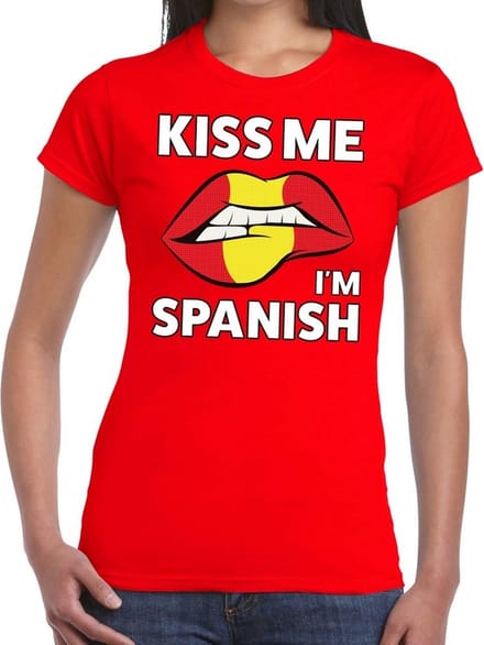 Kiss me I am Spanish t-shirt rood dames - feest shirts dames - Spanje kleding M