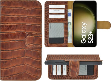 MoDo hoesje Geschikt voor Samsung Galaxy S23+ - Echt Leer Book Case - Croco Kaneelbruin