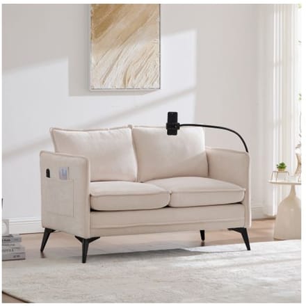 Canapé double - MUVOE - Moderne - Tissu beige - Support téléphone réglable - Rangement latéral