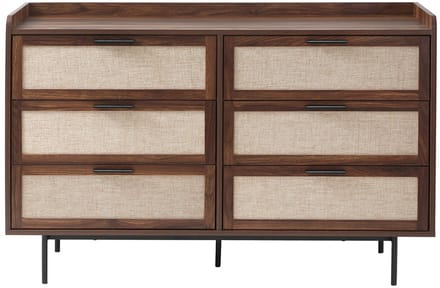 CALICOSY - Commode met notenhouten decor, 6 lades, fronten van echt leer, L120 cm - JETSON